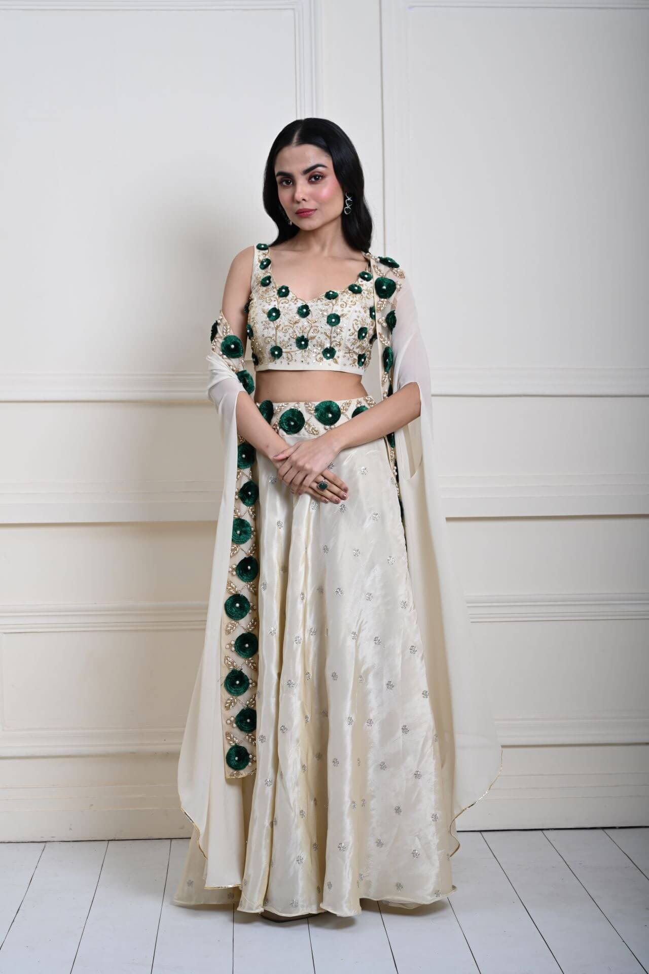 Hand Embroidered Ivory Cape Lehenga Choli in Premium Tissue Silk - Anvi Couture
