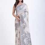 Handwoven White Tant Jamdani Saree With Black Woven Work - Anvi Couture