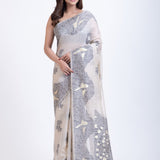 Handwoven White Tant Jamdani Saree With Black Woven Work - Anvi Couture