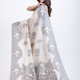 Handwoven White Tant Jamdani Saree With Black Woven Work - Anvi Couture