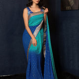 Blue Ombre Boota Saree with Heavy Benarasi Border - Anvi Couture