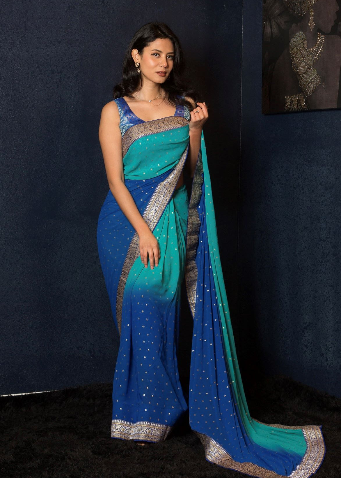 Blue Ombre Boota Saree with Heavy Benarasi Border - Anvi Couture