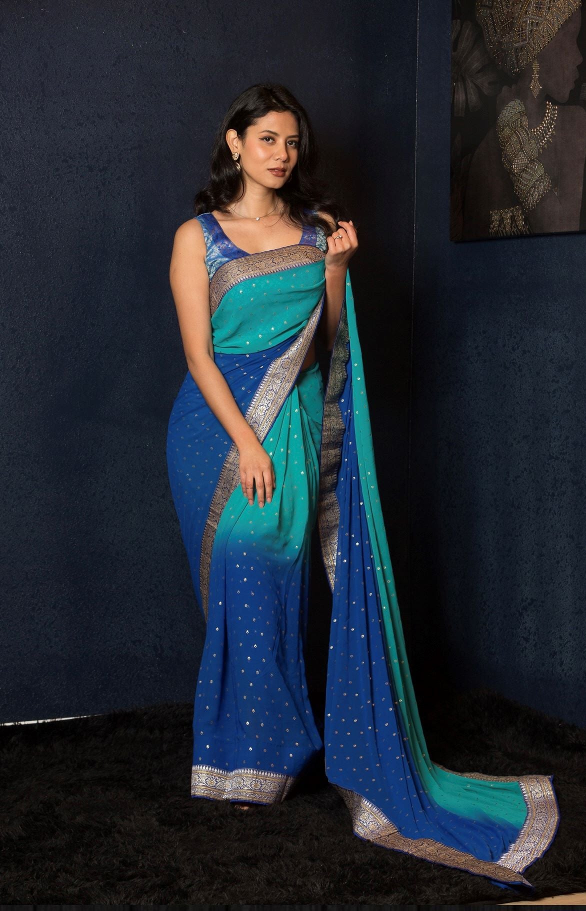 Blue Ombre Boota Saree with Heavy Benarasi Border - Anvi Couture