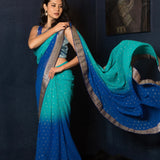 Blue Ombre Boota Saree with Heavy Benarasi Border - Anvi Couture