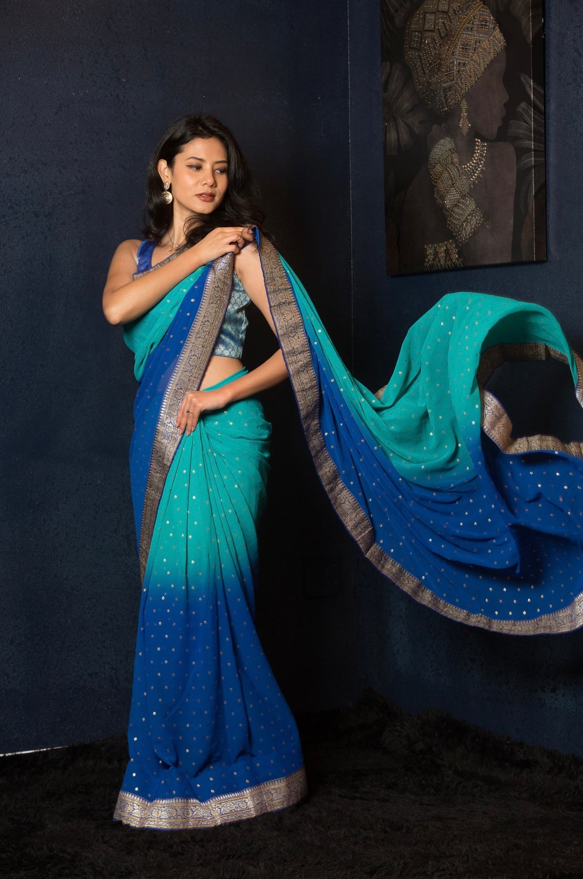 Blue Ombre Boota Saree with Heavy Benarasi Border - Anvi Couture