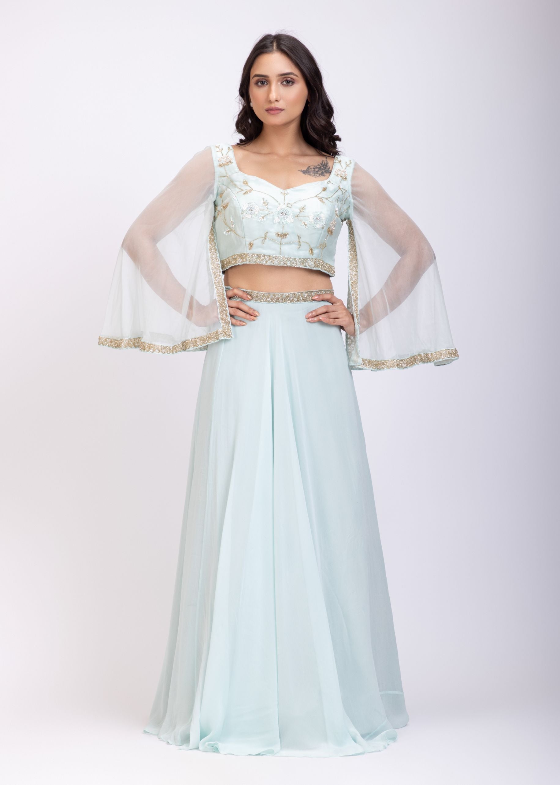 Ice Blue Hand Embroidered Lehenga Set Full