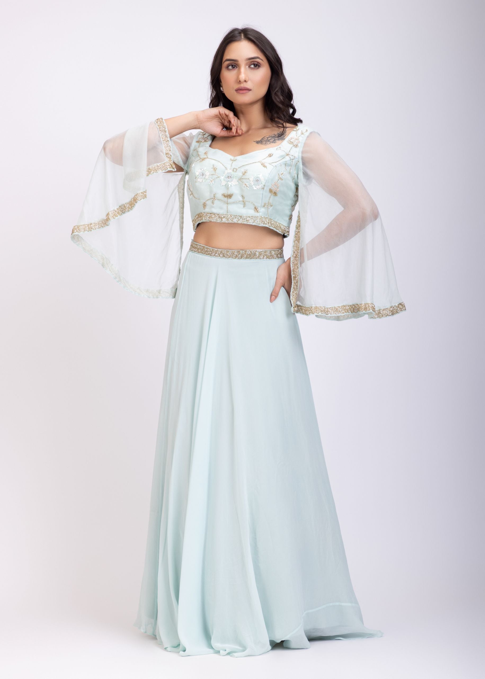 Ice Blue Hand Embroidered Lehenga Set Front