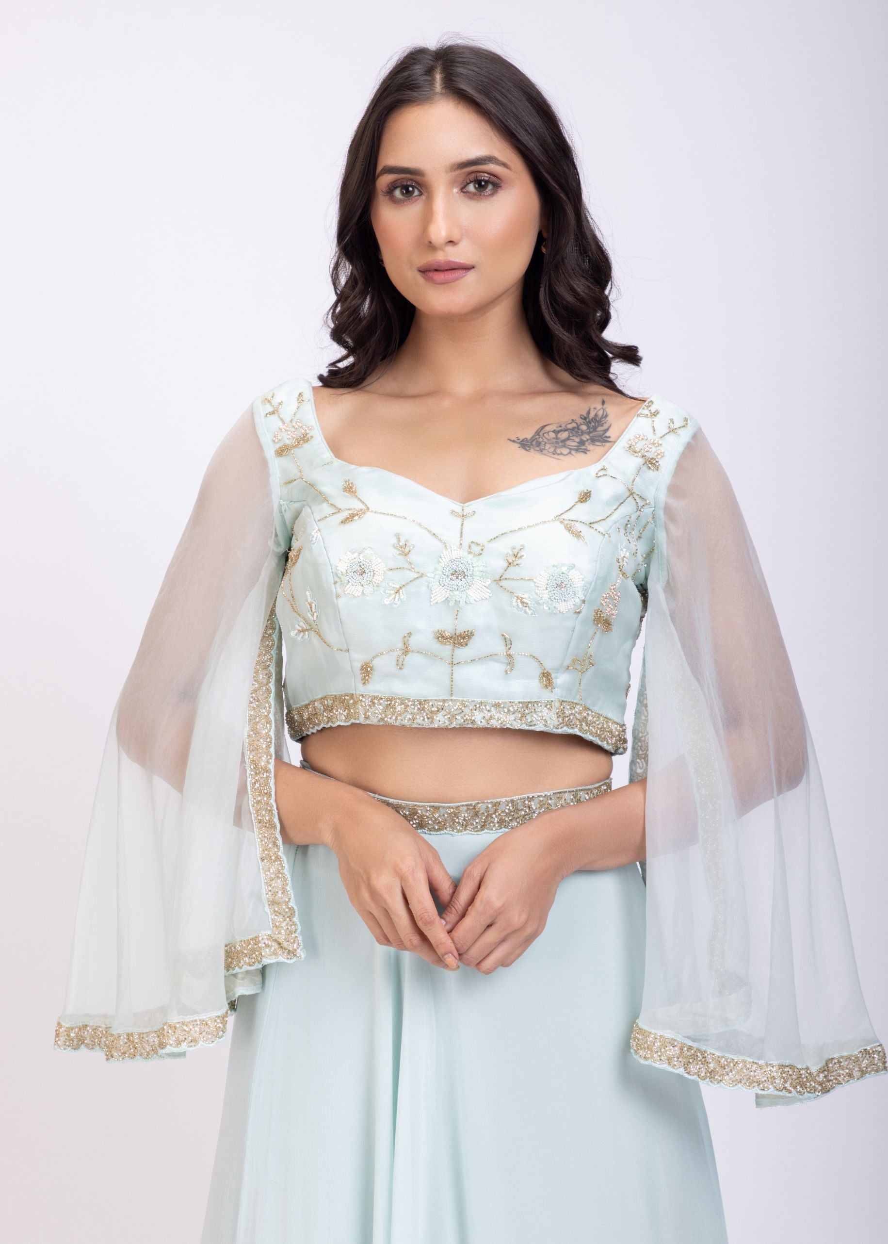 Ice Blue Hand Embroidered Lehenga Set Close Up