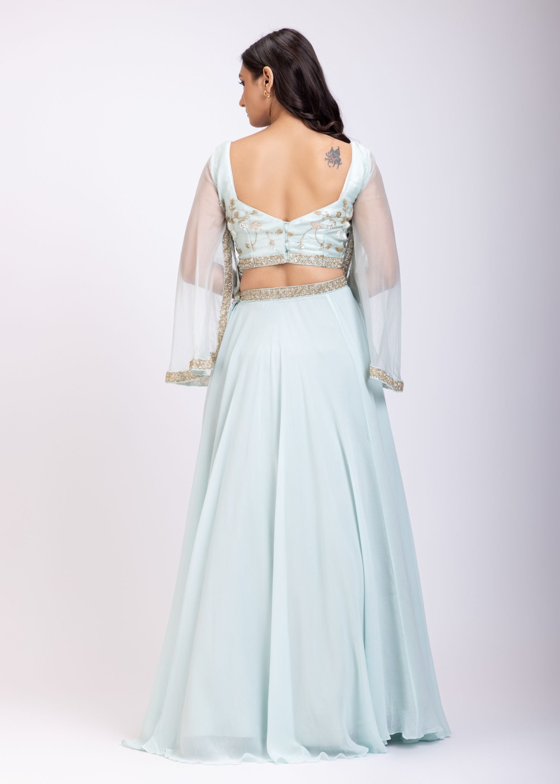 Ice Blue Hand Embroidered Lehenga Set Back