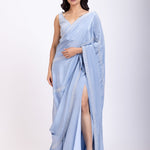 Ice Blue Prestitch Saree Set With Embroidered Blouse Full