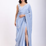 Ice Blue Prestitch Saree Set With Embroidered Blouse Full