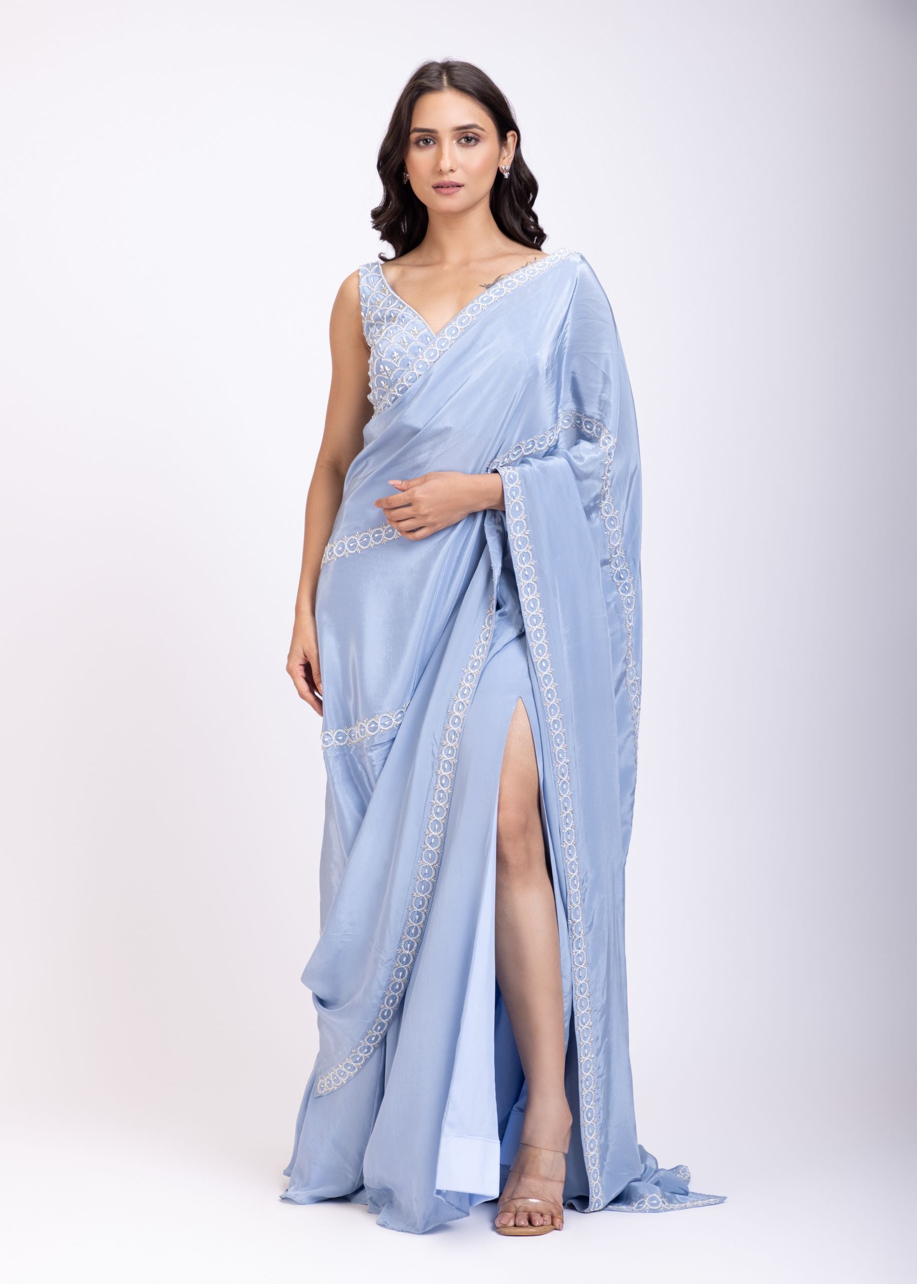 Ice Blue Prestitch Saree Set With Embroidered Blouse Full