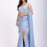 Ice Blue Prestitch Saree Set With Embroidered Blouse Front