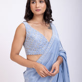 Ice Blue Prestitch Saree Set With Embroidered Blouse Close Up
