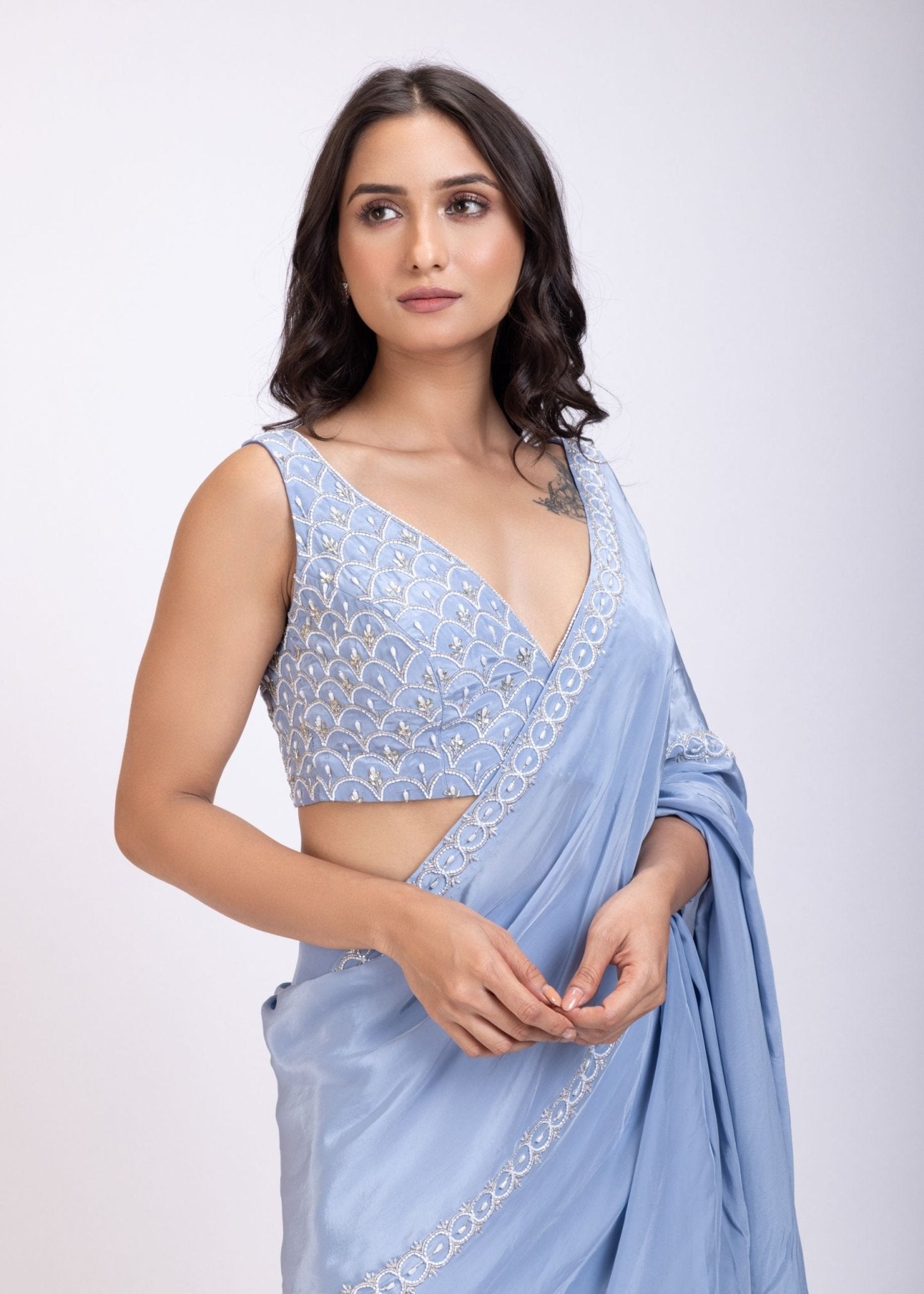 Ice Blue Prestitch Saree Set With Embroidered Blouse - Anvi Couture
