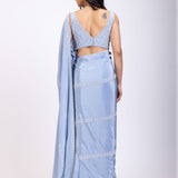 Ice Blue Prestitch Saree Set With Embroidered Blouse Back