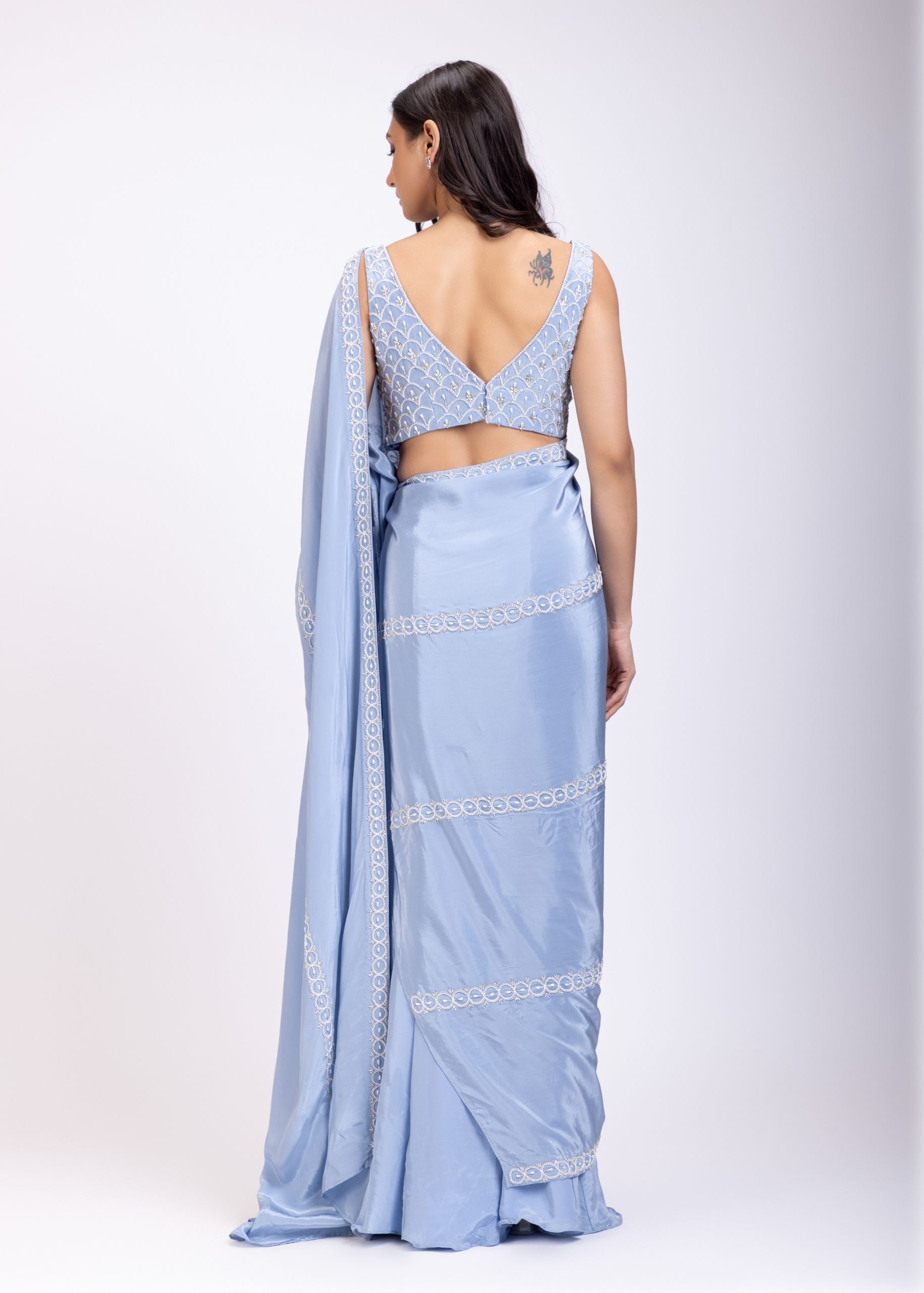 Ice Blue Prestitch Saree Set With Embroidered Blouse Back