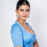 Ice Blue Queen Anne Satin Silk Blouse With Elbow Sleeves - Anvi Couture