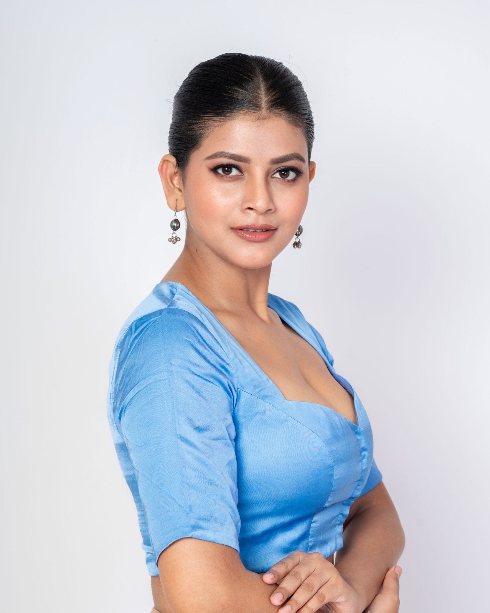 Ice Blue Queen Anne Satin Silk Blouse With Elbow Sleeves - Anvi Couture