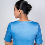 Ice Blue Queen Anne Satin Silk Blouse With Elbow Sleeves - Anvi Couture