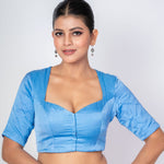 Ice Blue Queen Anne Satin Silk Blouse With Elbow Sleeves - Anvi Couture