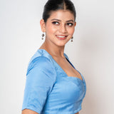 Ice Blue Queen Anne Satin Silk Blouse With Elbow Sleeves - Anvi Couture