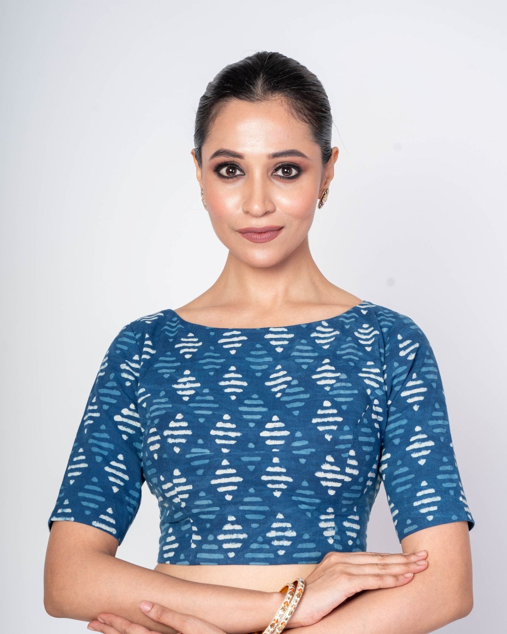 Indigo Blue Blouse with Boat Neck Design and Square Back Closure - Anvi Couture