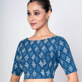 Indigo Blue Blouse with Boat Neck Design and Square Back Closure - Anvi Couture