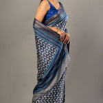 Indigo Blue Hand Block Printed Silk Saree with Golden Border - Anvi Couture