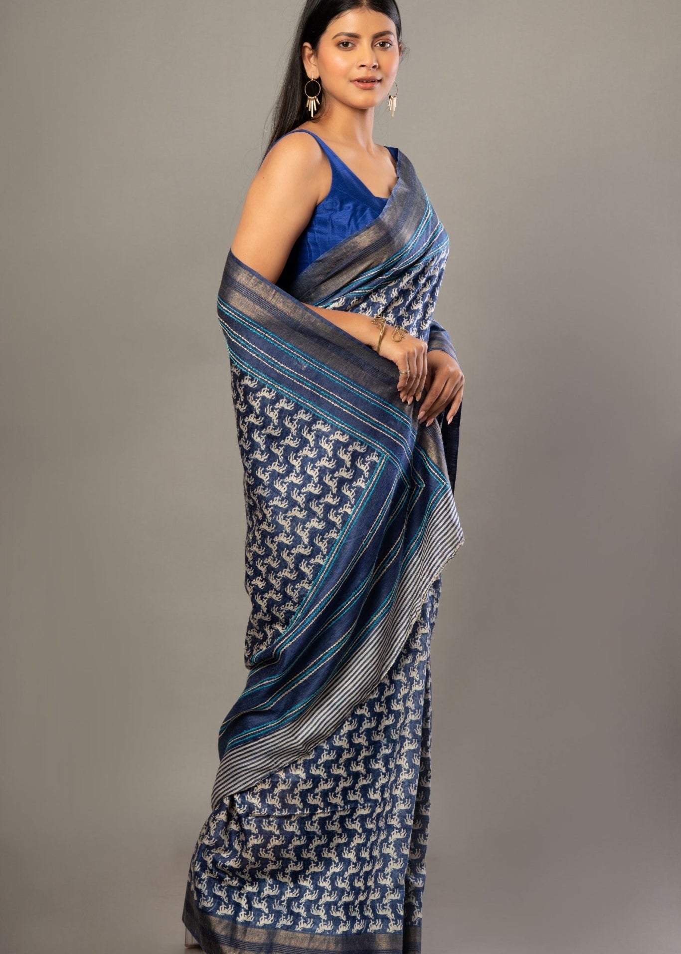 Indigo Blue Hand Block Printed Silk Saree with Golden Border - Anvi Couture