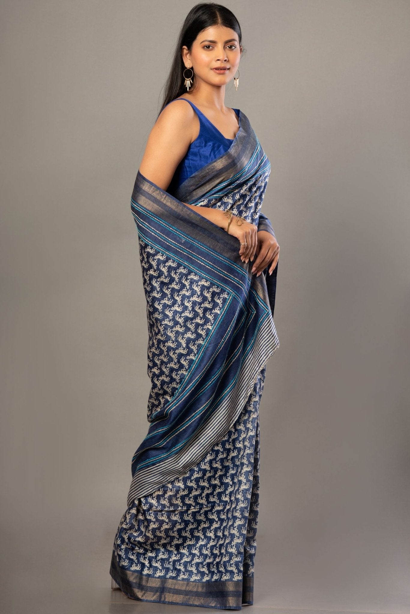 Indigo Blue Hand Block Printed Silk Saree with Golden Border - Anvi Couture
