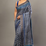 Indigo Blue Hand Block Printed Silk Saree with Golden Border - Anvi Couture