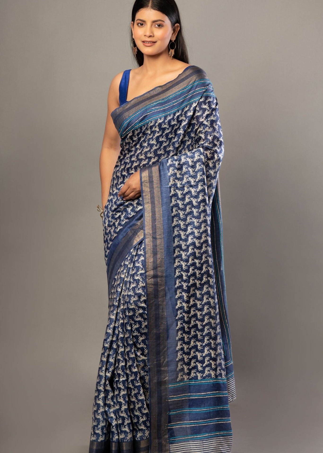 Indigo Blue Hand Block Printed Silk Saree with Golden Border - Anvi Couture