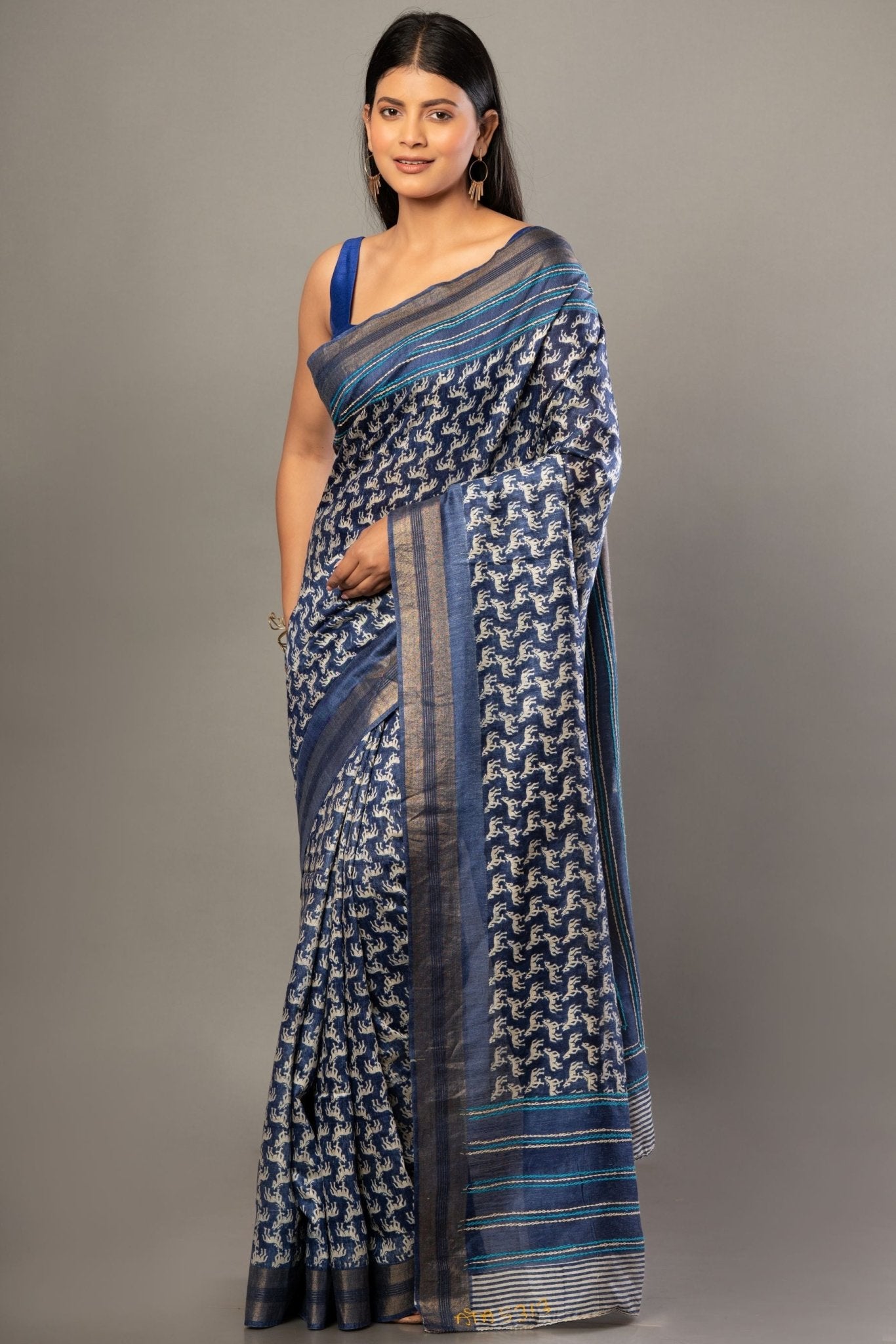 Indigo Blue Hand Block Printed Silk Saree with Golden Border - Anvi Couture
