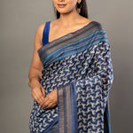 Indigo Blue Hand Block Printed Silk Saree with Golden Border - Anvi Couture