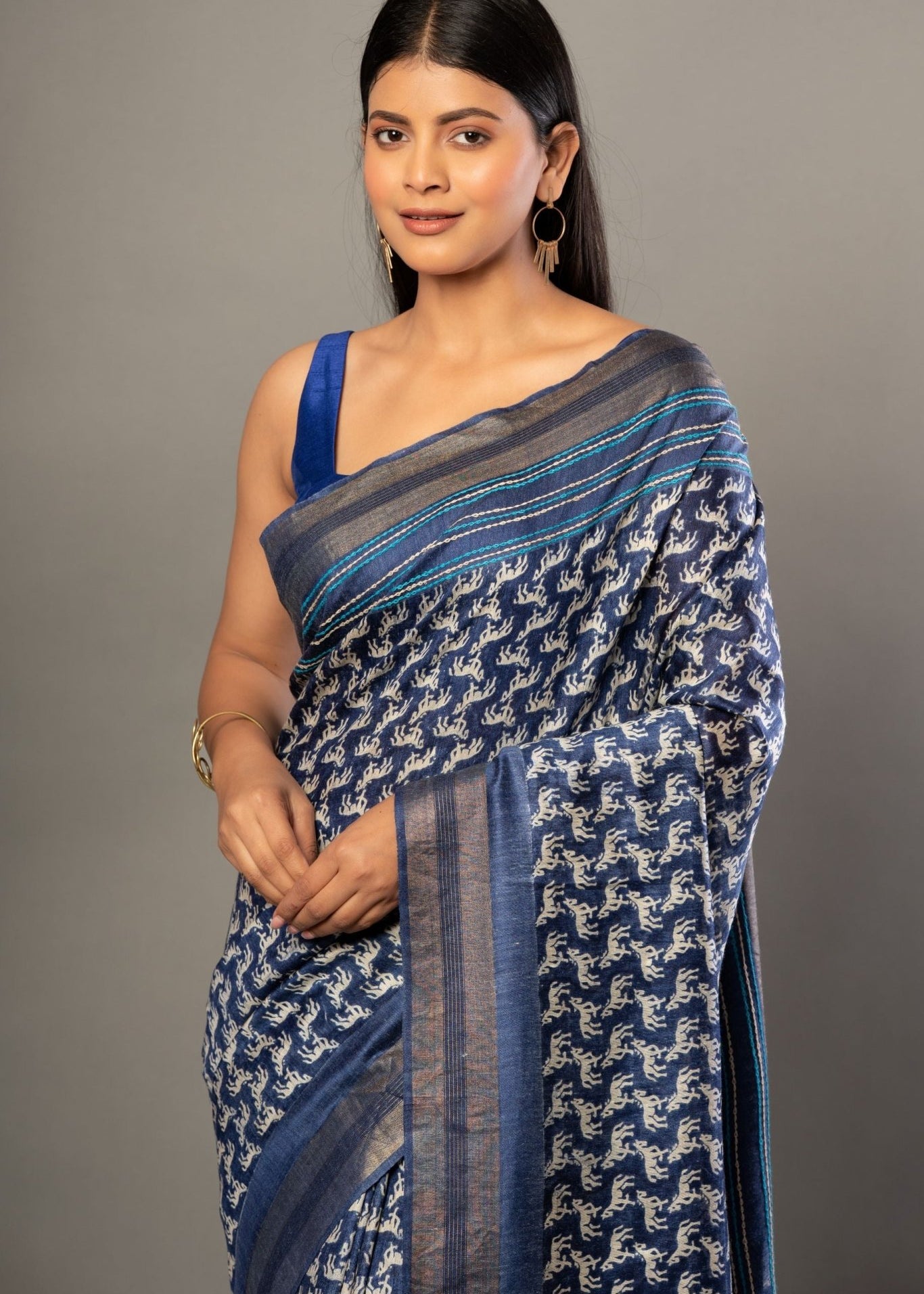 Indigo Blue Hand Block Printed Silk Saree with Golden Border - Anvi Couture