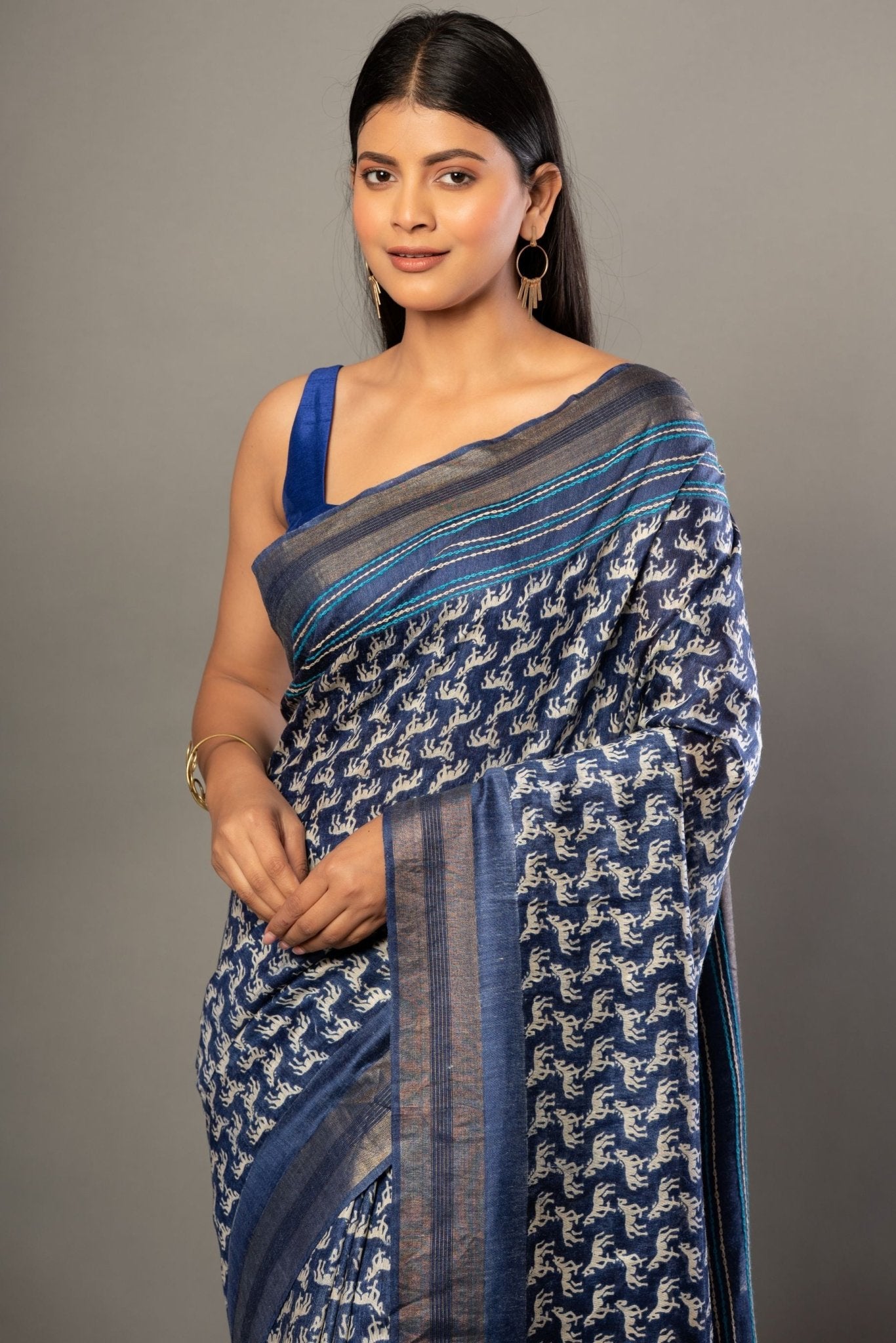 Indigo Blue Hand Block Printed Silk Saree with Golden Border - Anvi Couture