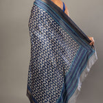 Indigo Blue Hand Block Printed Silk Saree with Golden Border - Anvi Couture