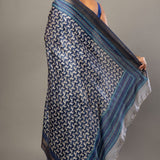 Indigo Blue Hand Block Printed Silk Saree with Golden Border - Anvi Couture