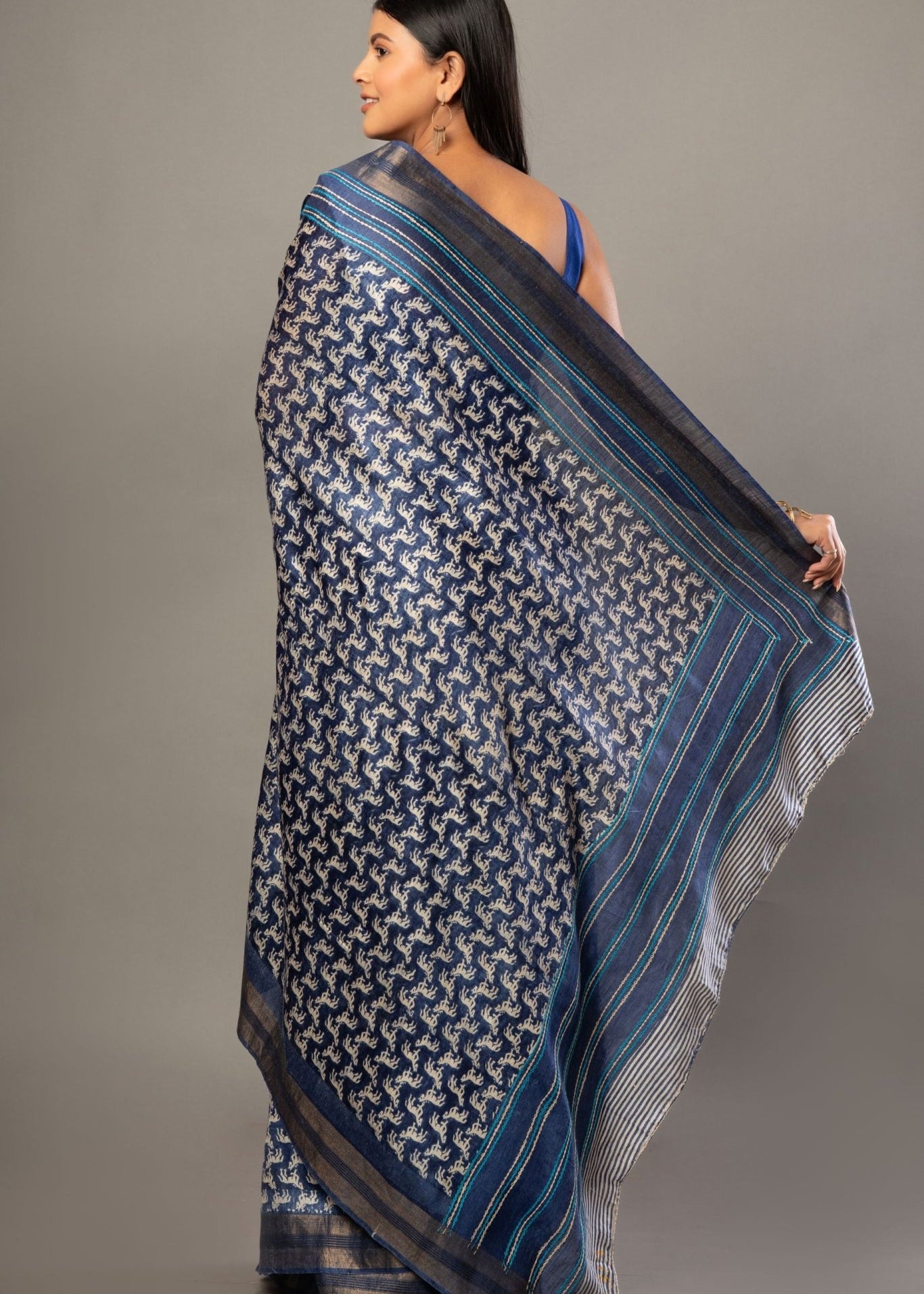 Indigo Blue Hand Block Printed Silk Saree with Golden Border - Anvi Couture
