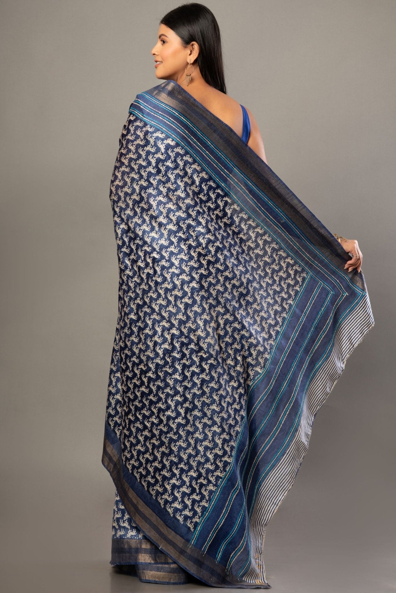 Indigo Blue Hand Block Printed Silk Saree with Golden Border - Anvi Couture