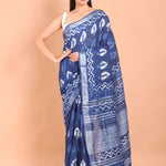 Indigo Blue Handloom Printed Cotton Saree Front View