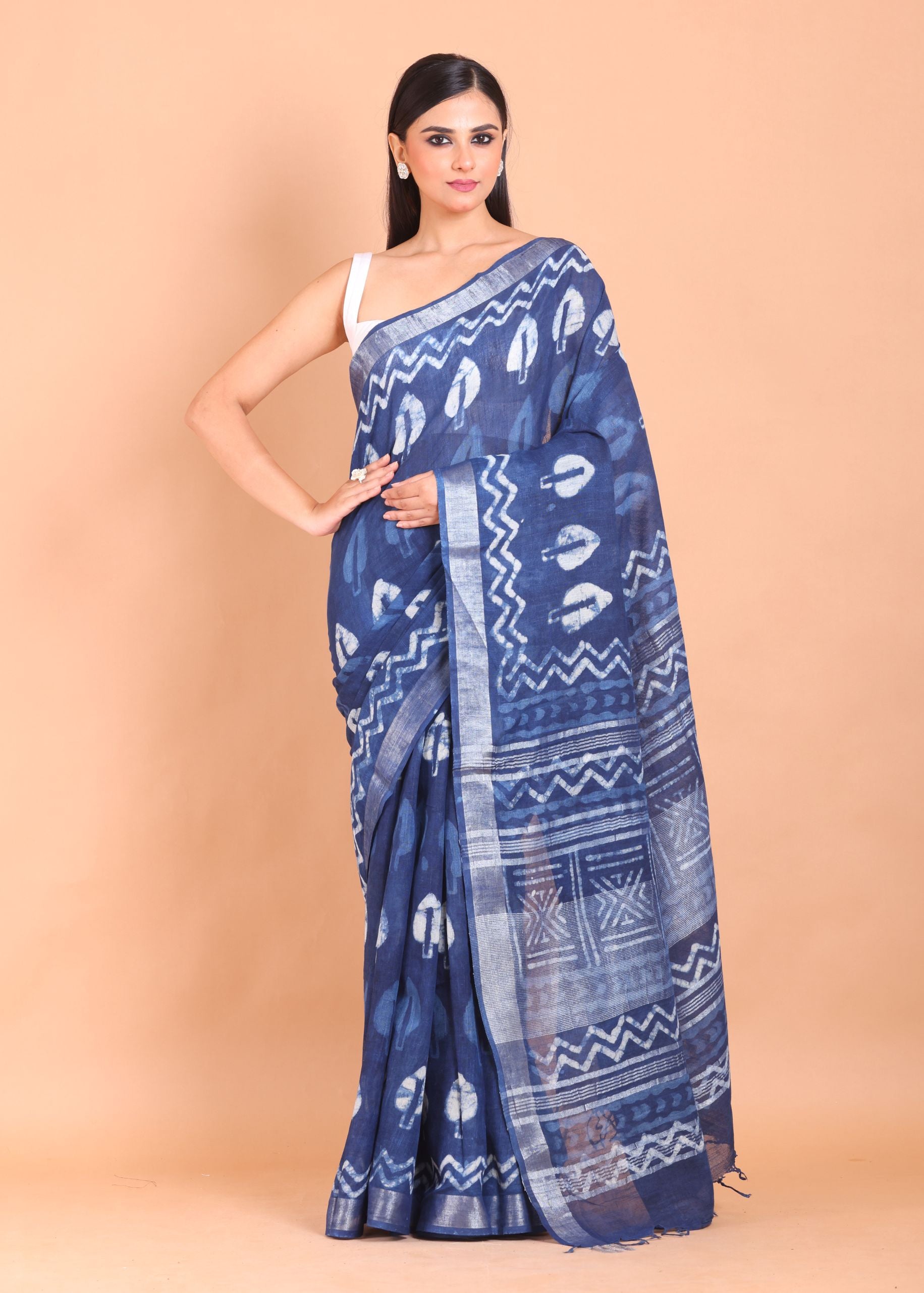Indigo Blue Handloom Printed Cotton Saree Front View