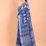 Indigo Blue Handloom Printed Cotton Saree Side View