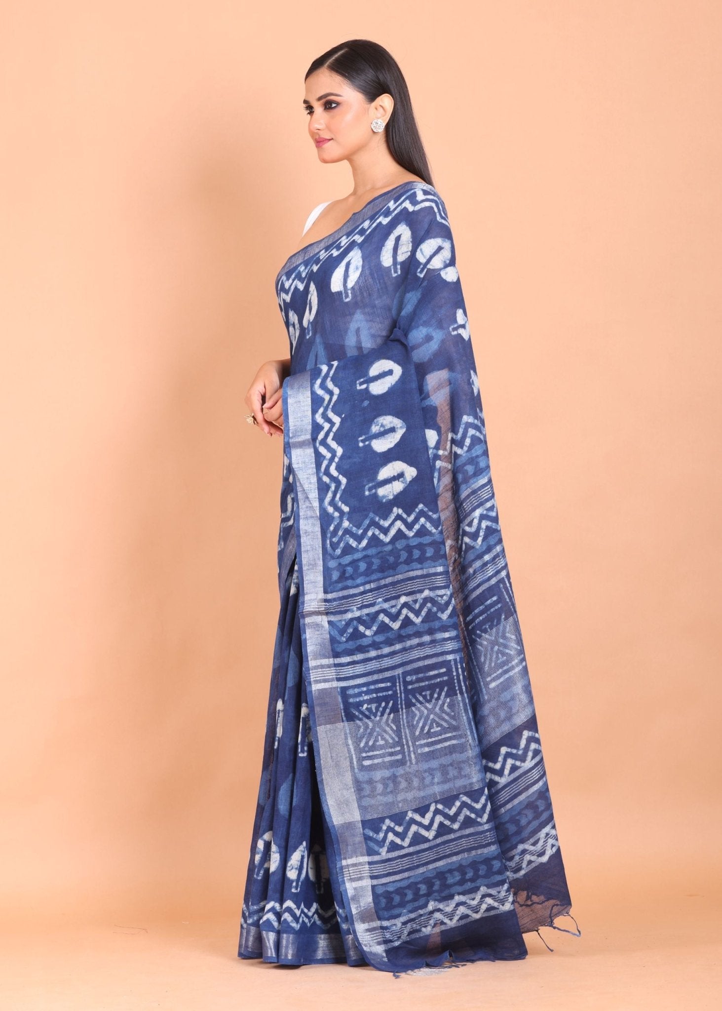 Indigo Blue Handloom Printed Cotton Saree - Anvi Couture