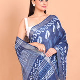 Indigo Blue Handloom Printed Cotton Saree Close Up