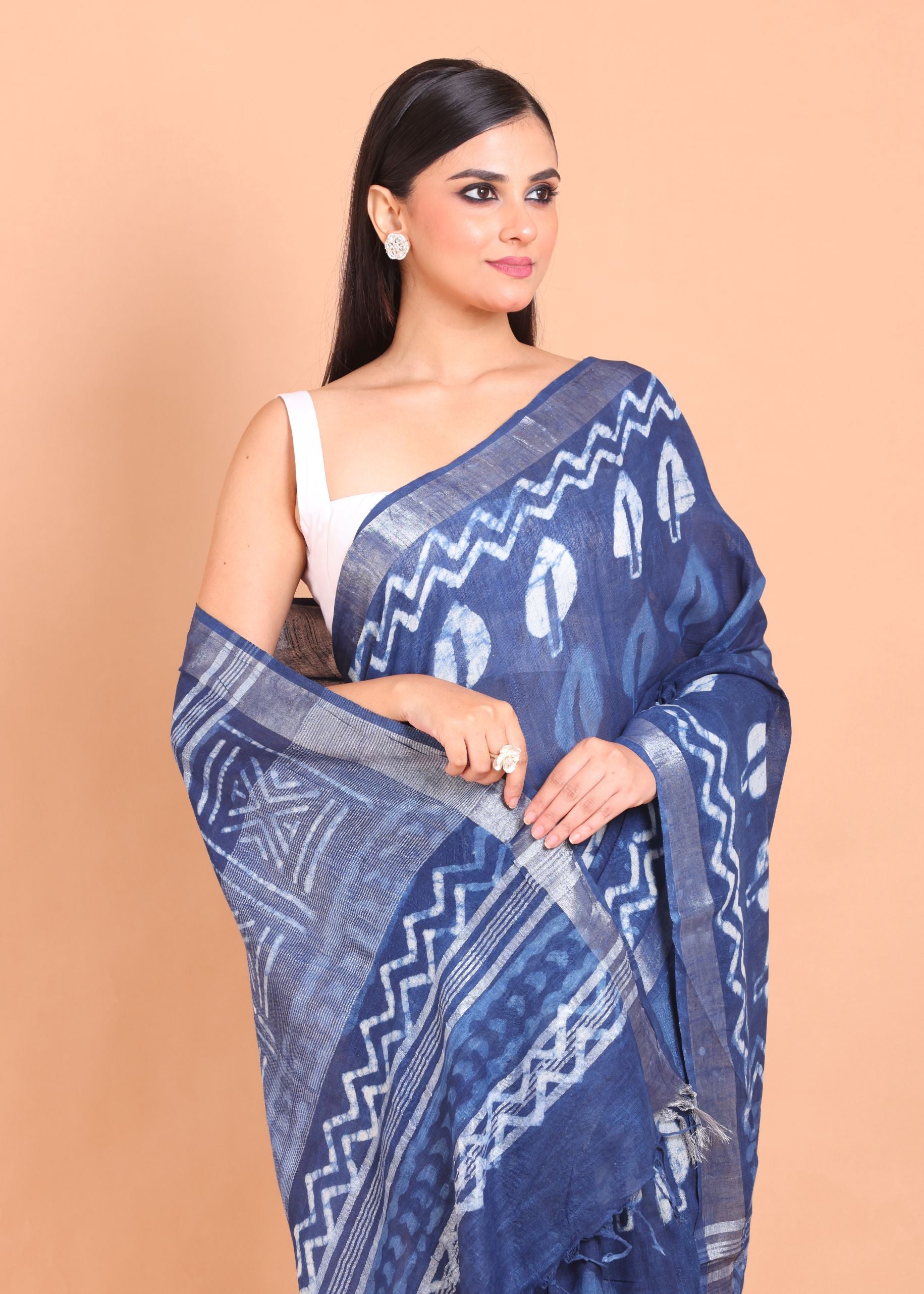 Indigo Blue Handloom Printed Cotton Saree Close Up