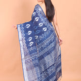 Indigo Blue Handloom Printed Cotton Saree Back View
