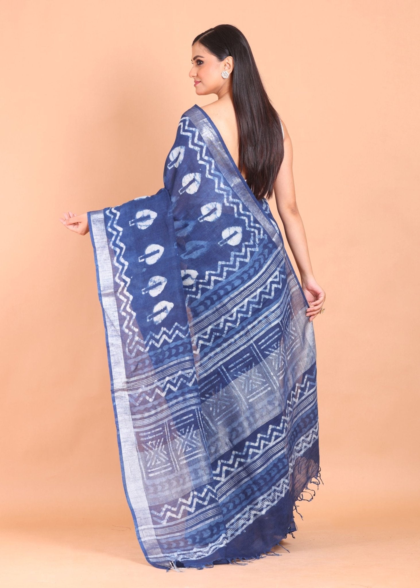 Indigo Blue Handloom Printed Cotton Saree - Anvi Couture