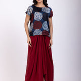 Indigo Blue Handpainted Crop Top Drape Skirt Set Full
